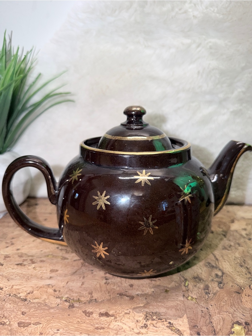Vintage Dark Brown & Gold Star Teapot with Cute Goddess Mug 🍵 - Picture 2 of 7